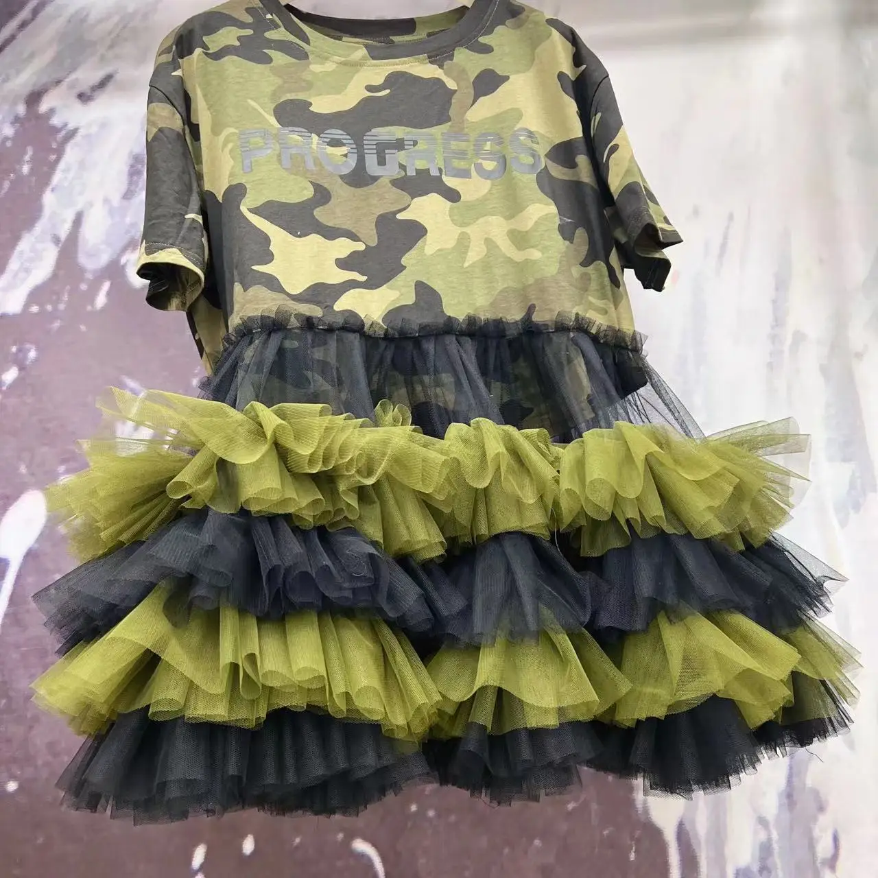 Camo Printed Mesh Ruffles Green T-Shirt Dress Loose Camouflage Gauze Pleated Spliced Tees Dress Multi-layers Jumpers Tops