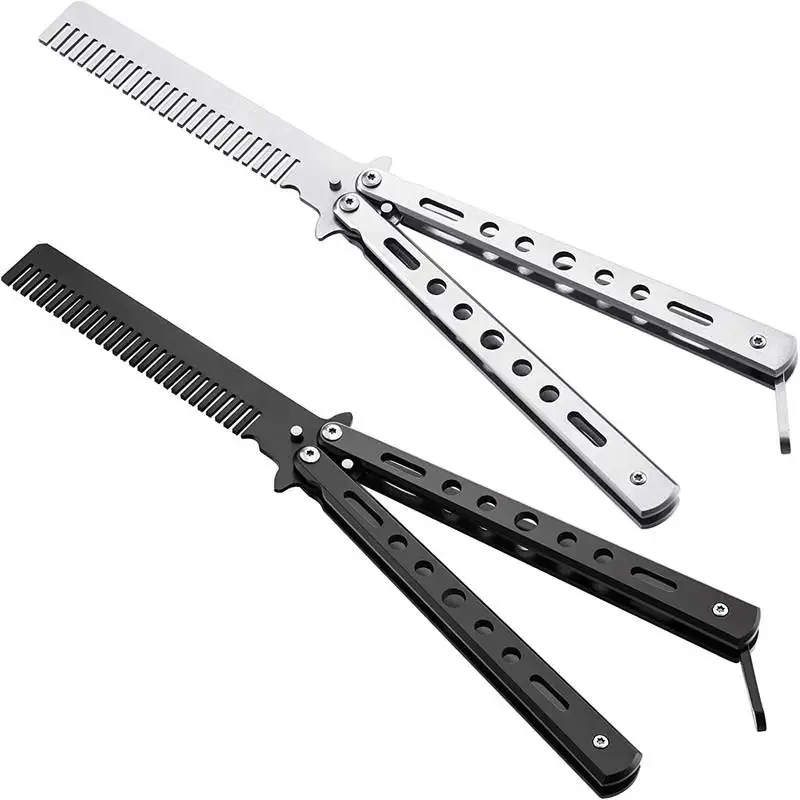 1PC Folding Butterfly Comb Stainless Steel Practice Butterfly Knife Comb Beard Moustache Brush Salon Hairdressing Styling Tool