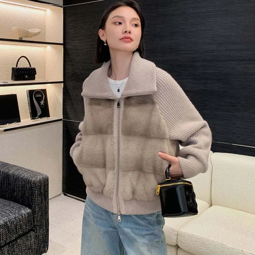 2025 invierno nueva chaqueta de piel corta de mujer de retales de manga tejida de gama alta chaqueta de piel de visón