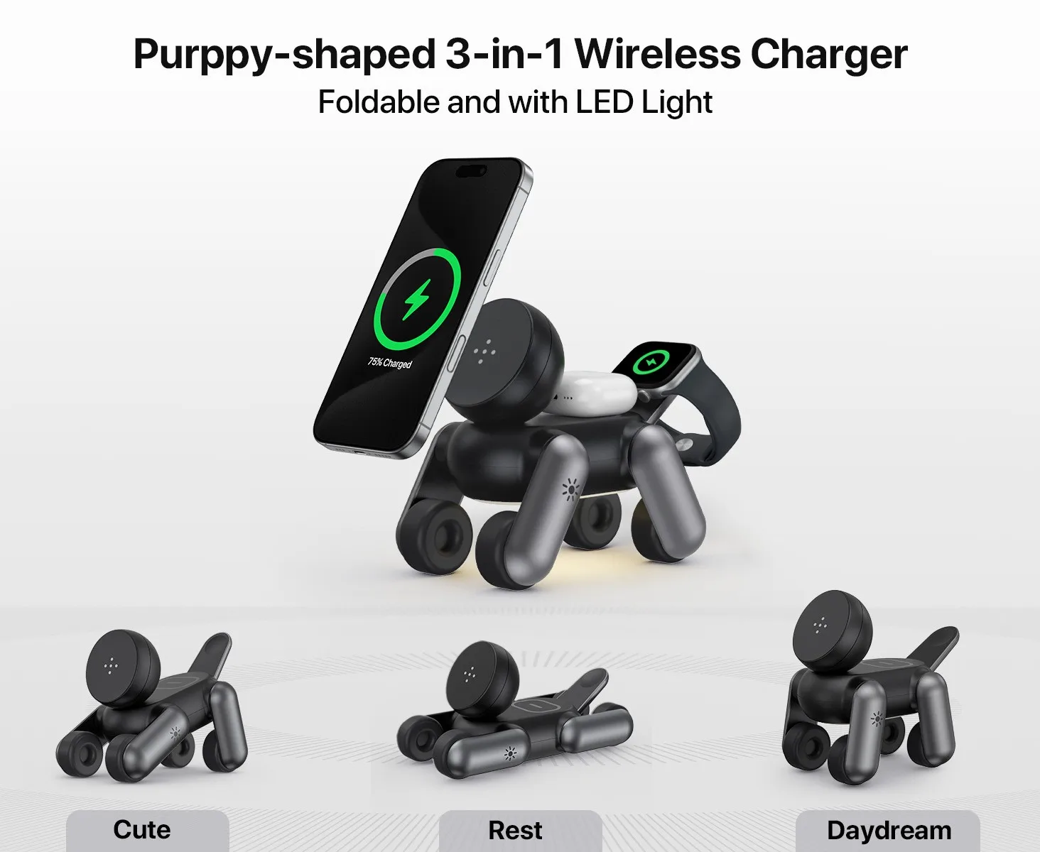 3-in-1 Magnetic Wireless Charger Portable MagSafe Robot Dog Holder Multi-Function Fast Charging Station for Phone Watch Earbuds - view 6