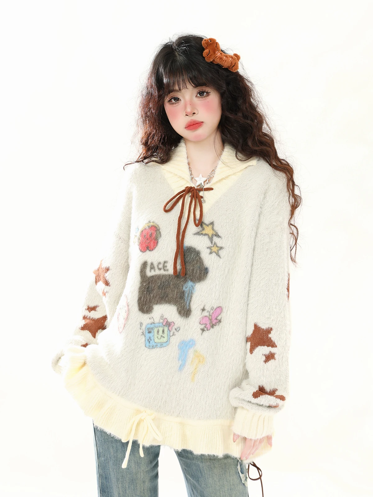 

ENJOG Retro Cartoon Print Collared Sweater Women's Autumn Winter Loose Lazy Sle Knitted Jaet V-Ne Long Sve Regular Fit