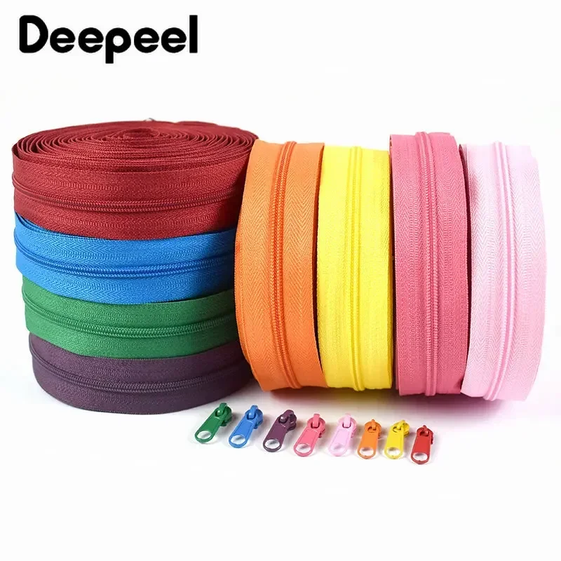 5/10M 5# Colorful Nylon Zipper Tape & Zip Puller for Sewing Bags SlipCover Schoolbag Decor Zipps Closures Repair Kit DIY Materia