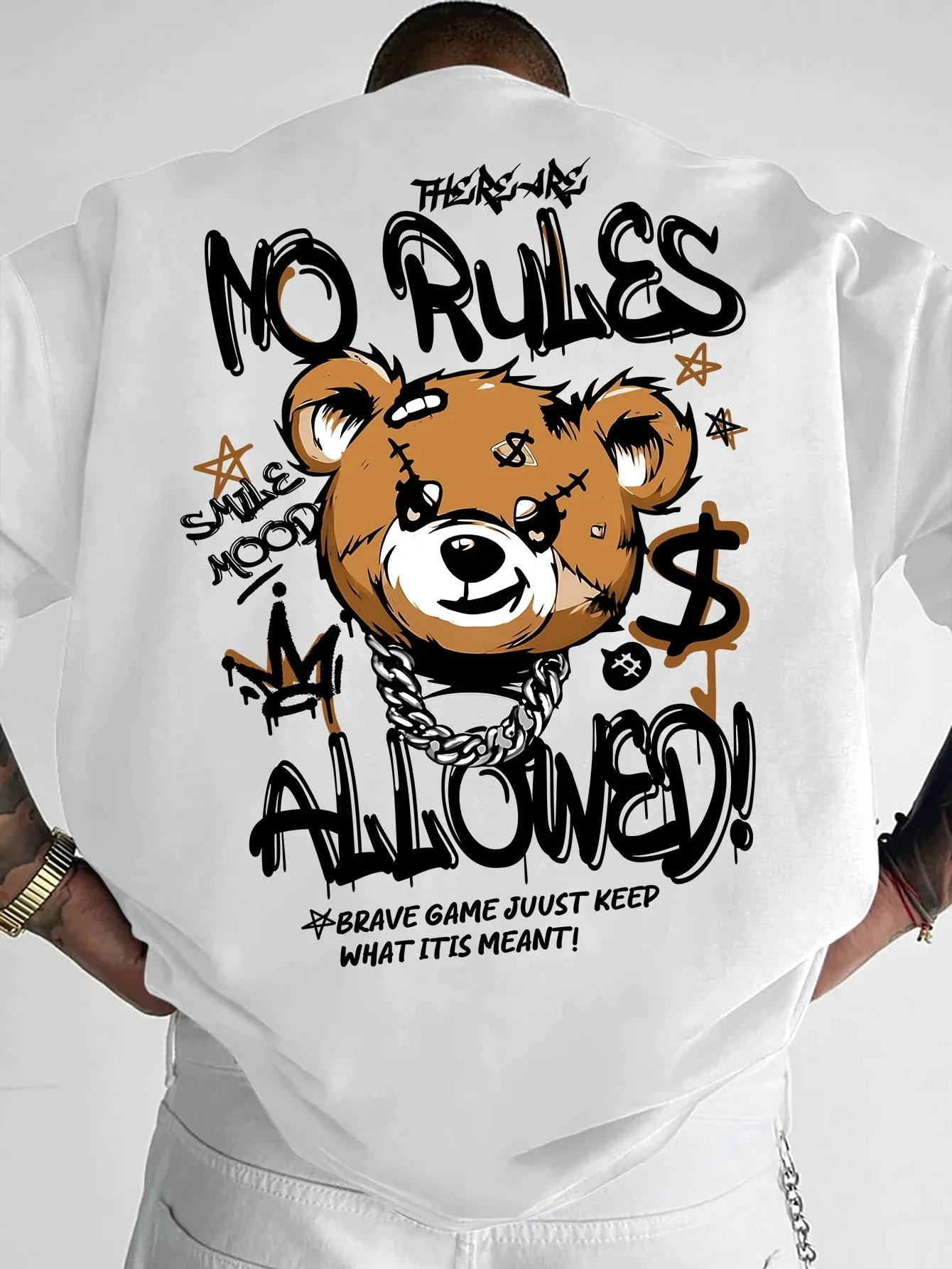 2026 Unisex Oversized Drop Shoulder T-Shirt Graffiti Bear Front Back Print NO RULES Graphic Short Sleeve Cotton Streetwear Tee