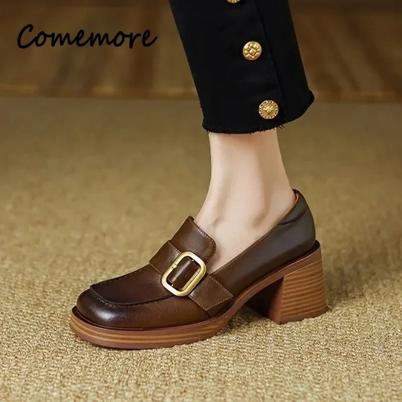 Comemore damskie buty na platformie na średnim obcasie z czółenkami typu Oxford wsuwane kwadratowe noski Retro wysoki obcas czarna wiosna nowe