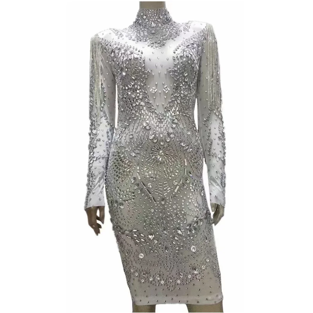 Women Shining Rhinestones Crystal Tassel Long Sleeve Sexy Sheath Nightclub Party Dress Concert Stage Wears