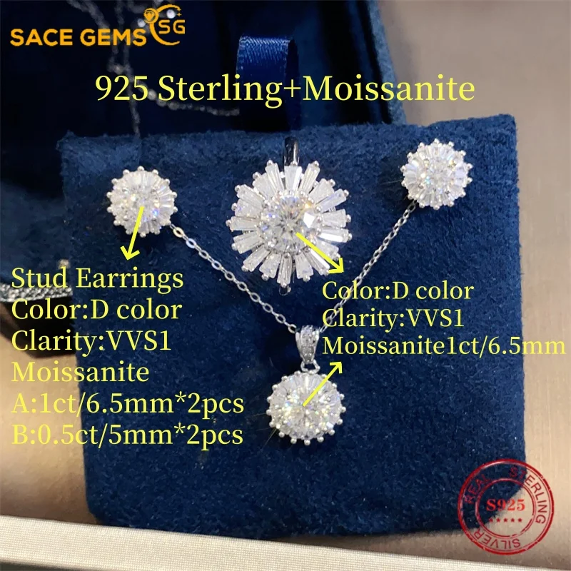 SACEGEMS 4ct Moissanite Jewelry Set 925Sterling Silver Ring Earrings Necklace 3Piece Set Fine Jewelry Wedding Party Wedding Sets