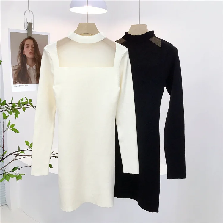 6663 Sukienka z półgolfem, prześwitująca siateczka, czysta sensualność, seksowna, wyszczuplająca talię, elastyczna, dzianinowa, do noszenia pod ubraniem, obcisła, krótka spódniczka