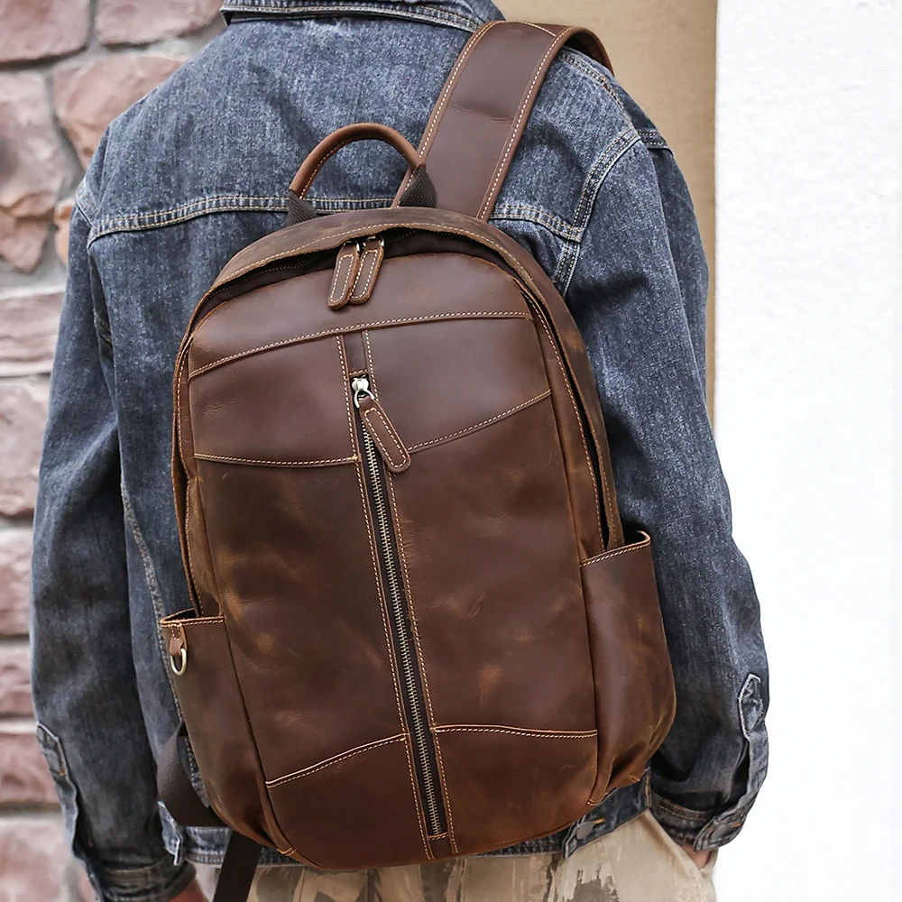 Leather backpack men\'s outdoor casual personality bag crazy horse leather retro business computer baotou layer cowhide backpack