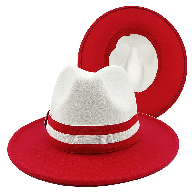 Niska cena hurtowa Fedora kapelusze męskie i damskie jazzowe kapelusze czerwono-białe nowe barwione krawatem kapelusze Fedora jesienne klasyczne kapelusze sombrero