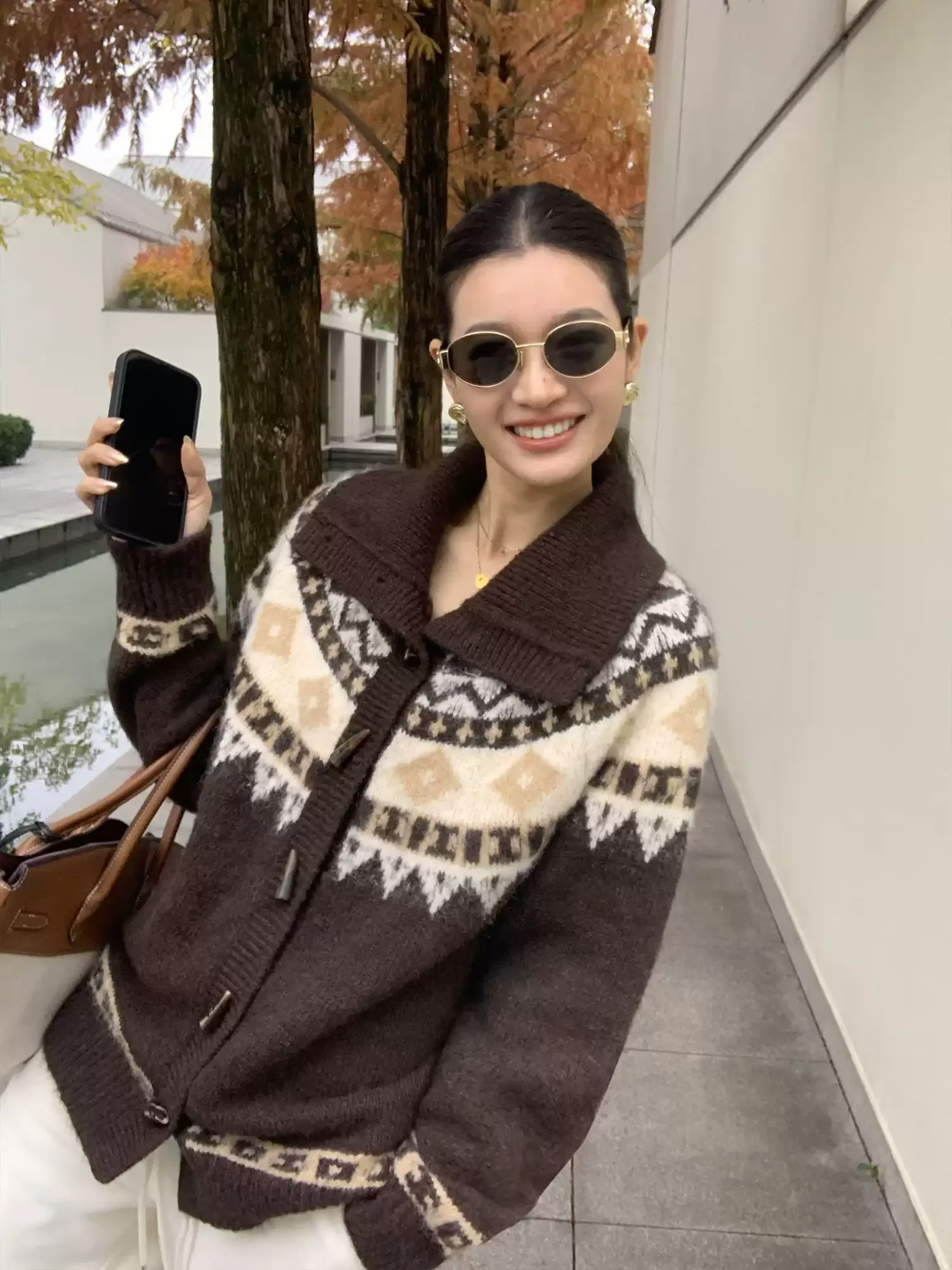 Jacquard sweater cardigan women's lapel horn button jacket design sense knit top