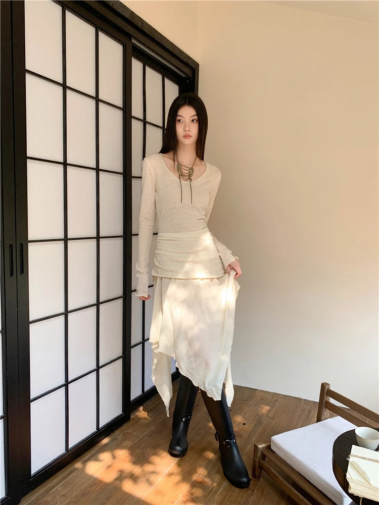 CHEERART Autumn Beige Long Sleeve Knitted Dresses Designer Knee Length Asymmetrical Dress Fashion Fall Clothes 2024 Women