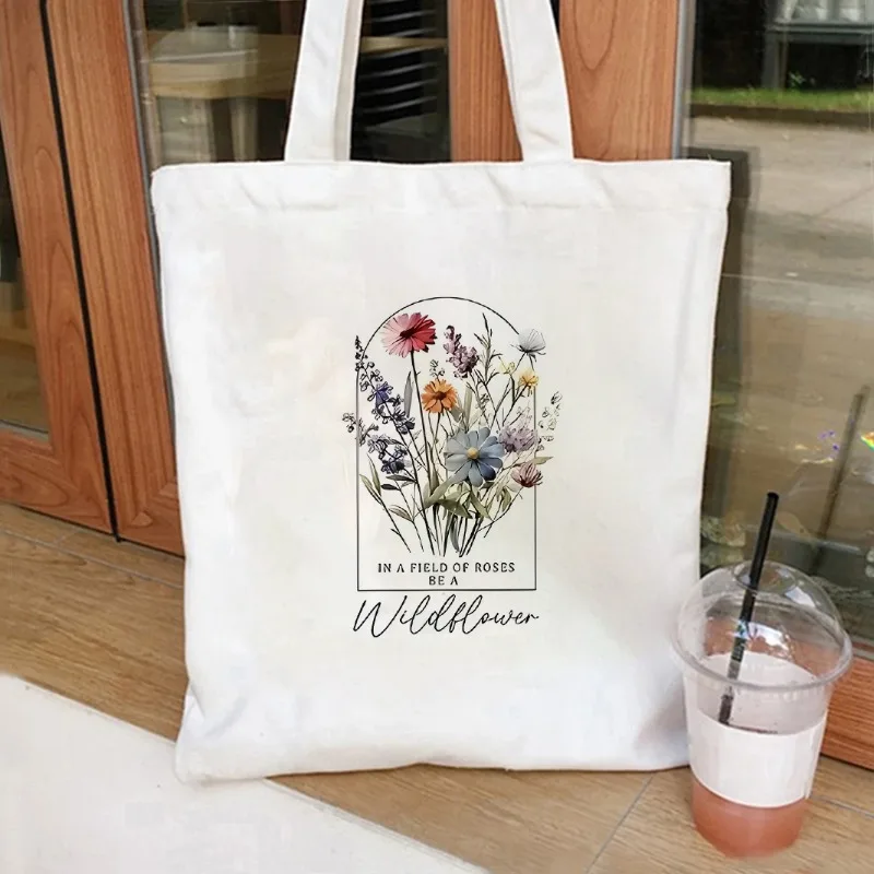 Aesthetic Wildflowers Canvas Tote Bag Cute Cottagecore Wildflower Bag Floral Book Bag For Her Trendy Botanical Boho Women Gift