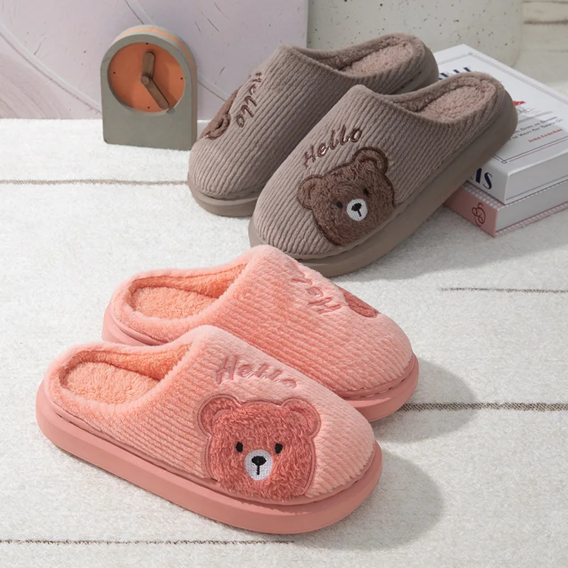 Men Women Cute Cartoon Bear Plush Cozy Slippers Winter Thick Sole Warm Fleece Lined Non Slip Indoor Home Footwear Couples Shoes