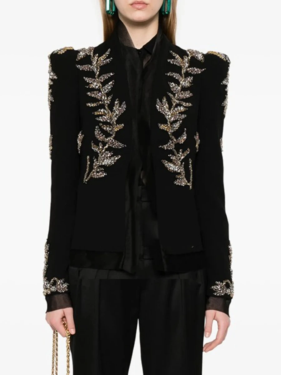 TWOTWINSTYLE Solid Spliced Beading Luxurious Jackets for Women V Neck Long Sleeves Temperament Jacket Female Fashion Clothes New