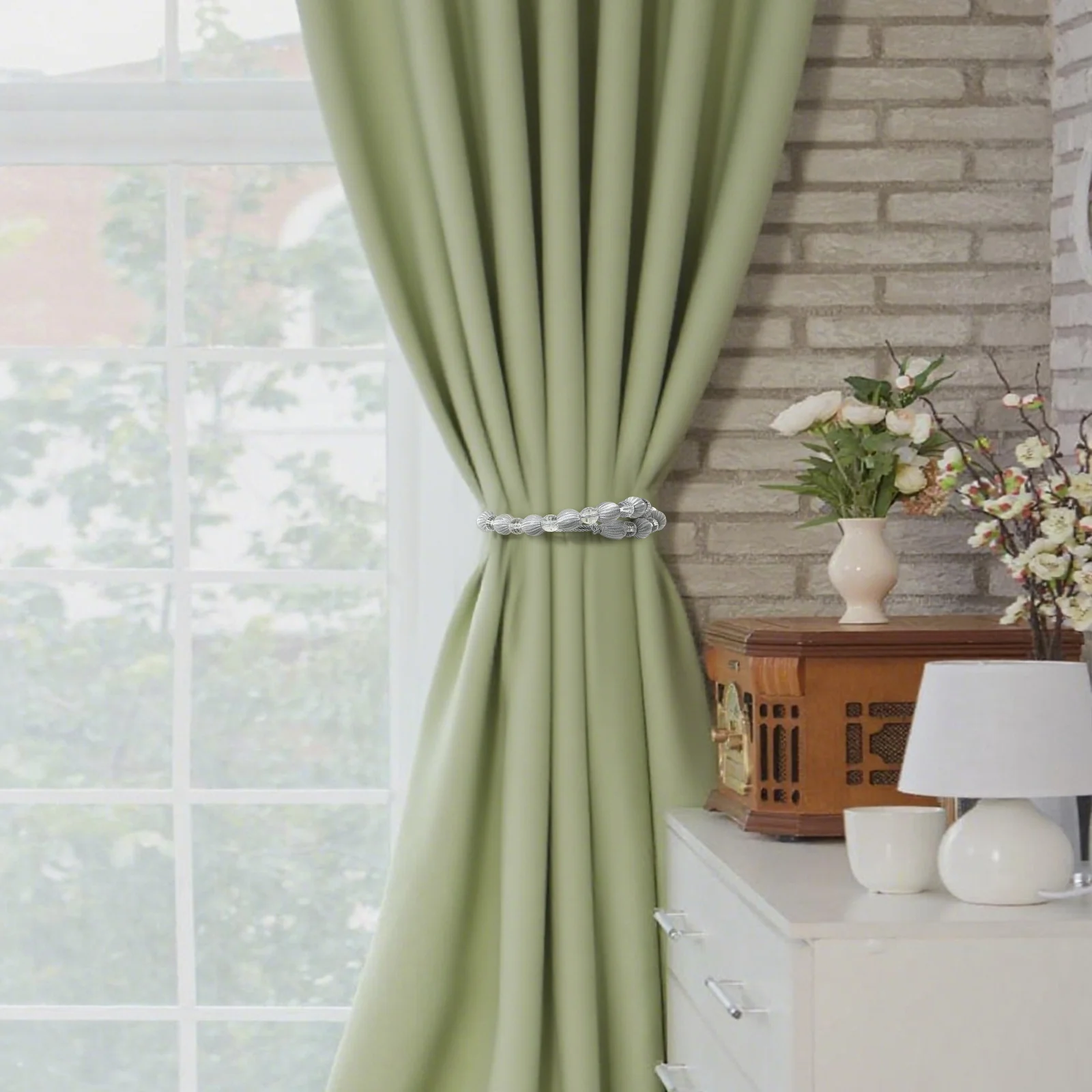 2개 크리스탈 비즈 커튼 타이백 실버 및 화이트 아크릴 드레이프 홀드백 가벼운 및 무거운 커튼용 창문 장식 우아함