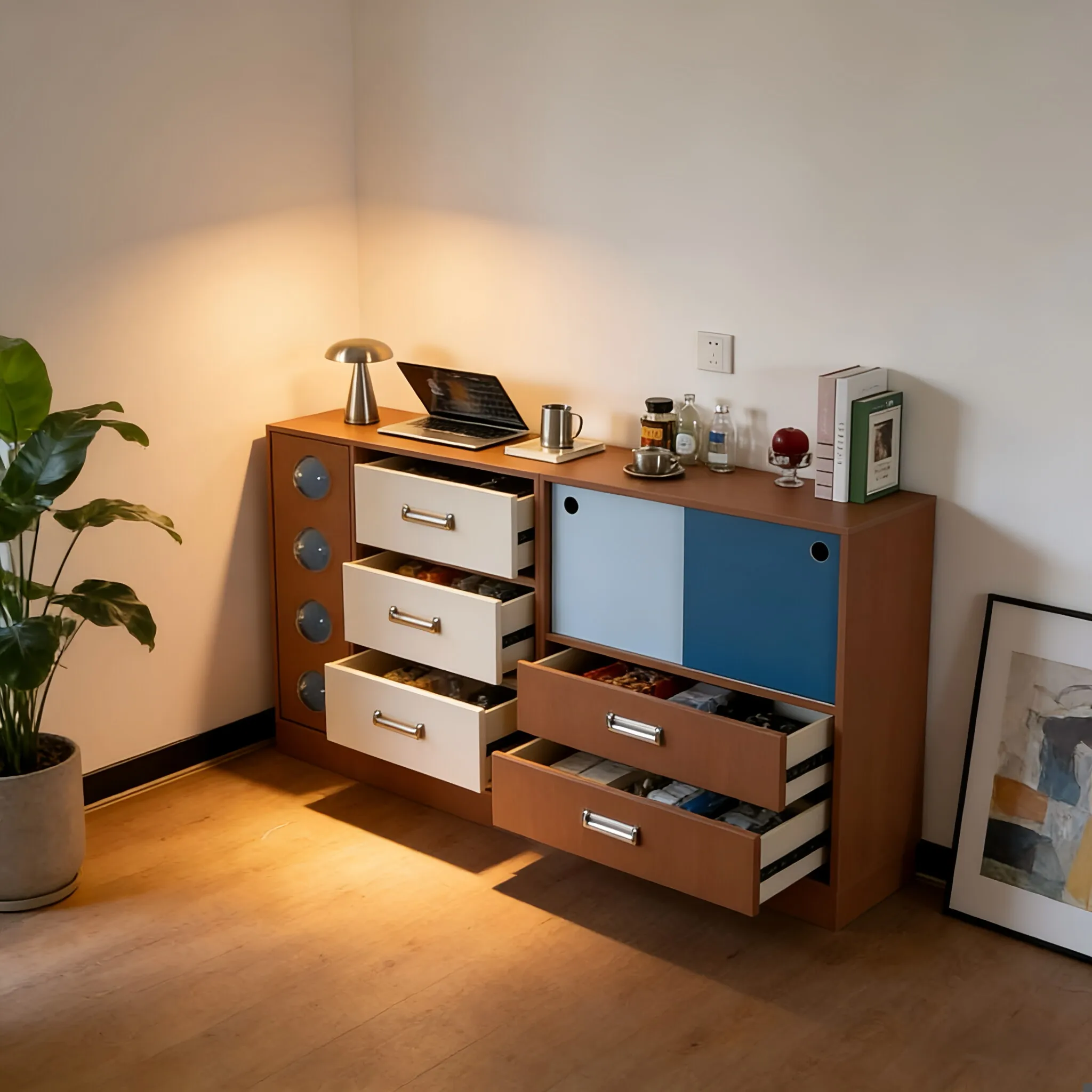 Modern Minimalist Wooden Living Room Cabinet Color Block Multi-Drawer Storage Sideboard Bottom Ambient Light Geometric MUJU