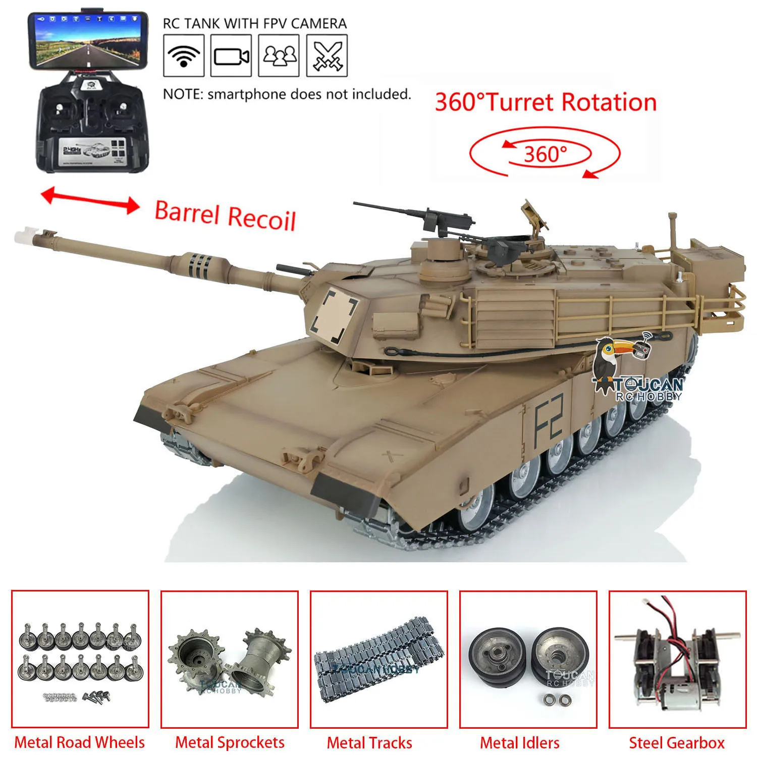 Heng Long RC Tank 1/16 7.0 Customize Abrams FPV 3918 360° Turret Barrel Recoil TH17805-SMT4