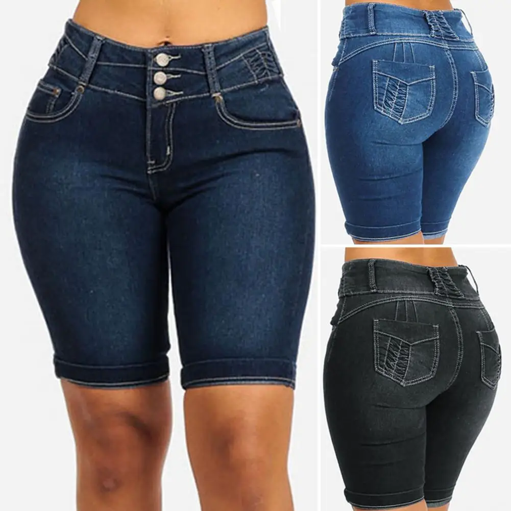 Modne spodenki jeansowe odporne na zużycie Bodycon dopasowane dżinsy spodenki Mid Rise miękkie damskie szorty do szkoły