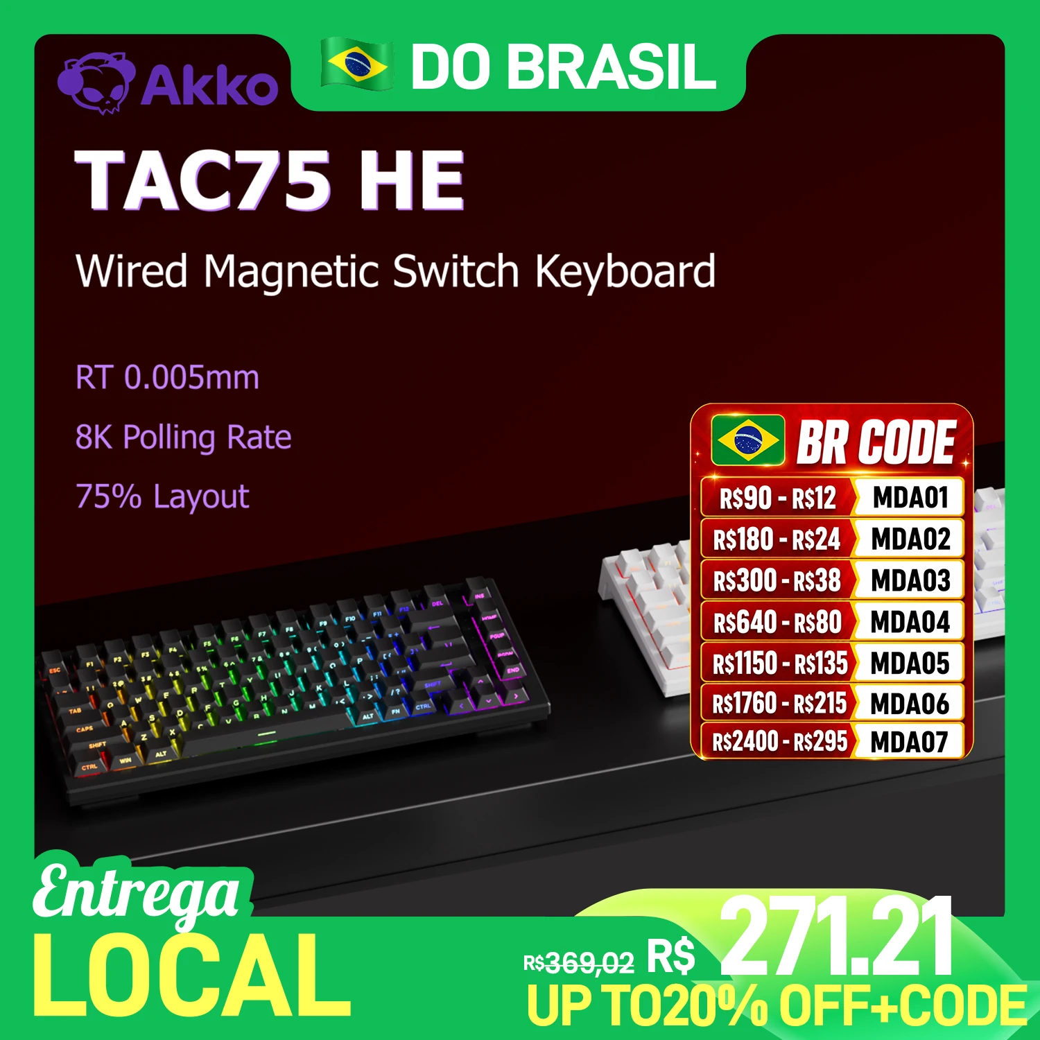 Teclado Mecânico Personalizado Akko TAC75 HE 75% com Switches Magnéticos, Rapid Trigger 0.005mm, ARGB, Taxa de Polling 8K, com Fio para Gamers