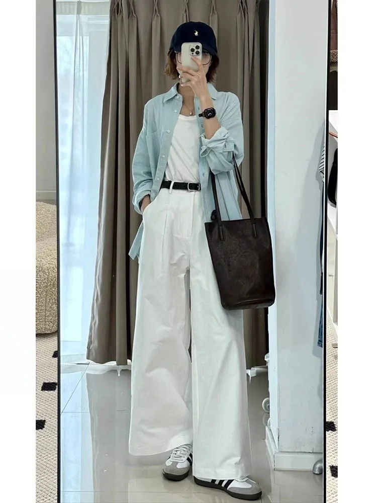 جينز أبيض واسع الساق من قماش الدنيم للنساء عالي الخصر فضفاض للتخسيس ثنى كسول بطول الأرض سروال كاجوال مستقيم #2