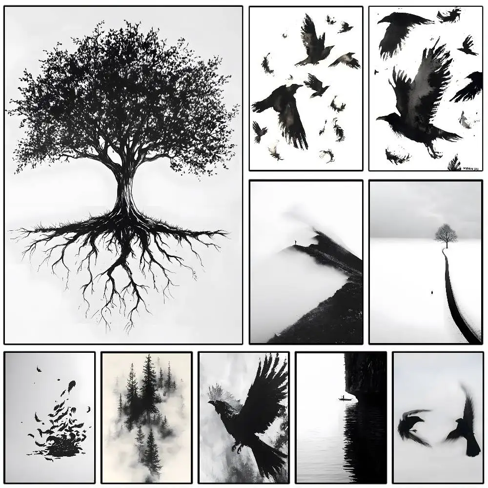 Minimalistisches schwarz-weißes Bergbaum-Krähe-Landschafts-Poster, Kunst mit Drucken, für Zuhause, Schlafzimmer, Wohnzimmer, Dekoration, Geschenk