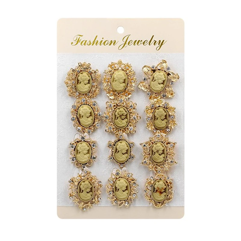 Beautiful 12 Pieces Vintage Style Resin and Rhinestones Brooch Pins in Antique