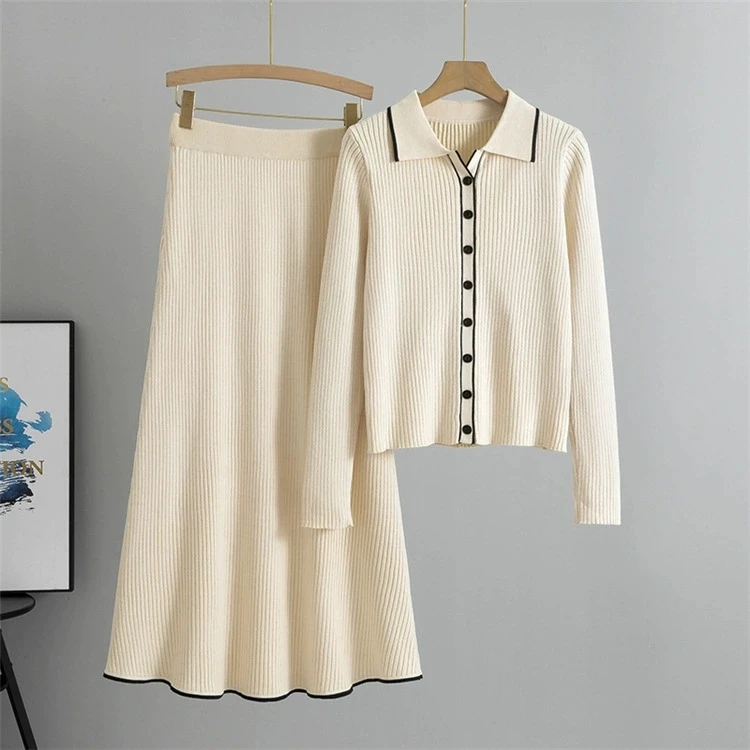 

Вязаный комплект из свитера с воротником и юбки, длинный рукав, осенне-зимняя мода, женская одежда, двухкомпонентный ансамбль