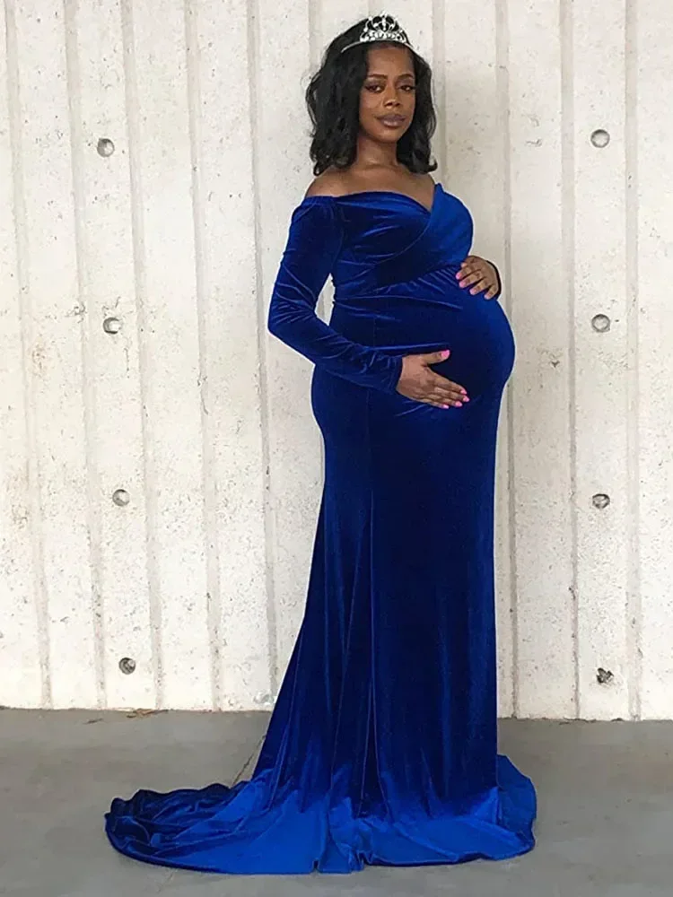 Velvet Maternity Off Shoulder Fitted Gown Maxi Dresses for Photo Shoot Long Sleeve Pregnancy Photography Dress for Baby Shower