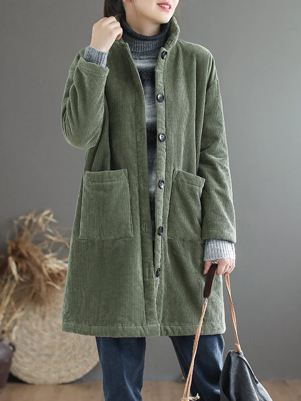 

Autumn Winter Women's Thiened Fce Lined Corduroy Jaet Versatile Cotton Outerwear Collar Single Button Closure Lon...
