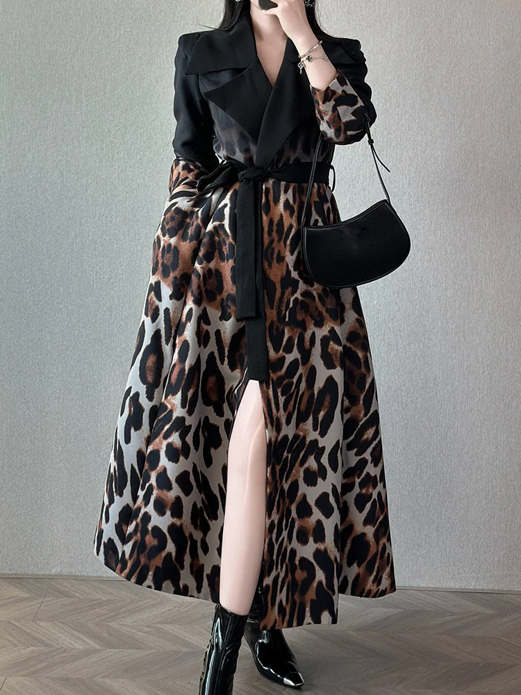 TWOTWINSTYLE Hit Color Leopard Printting Streetwear Midi Dress For Women Notched Collar Long Sleeve Spliced Sashes Dress Femal