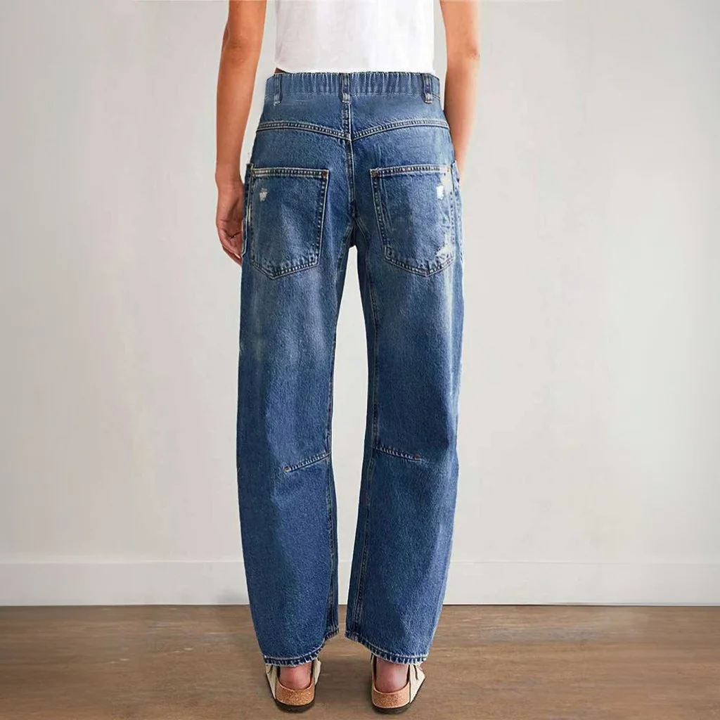 Jeans For Woman Y2k Jeans Distressed Wide Leg Trousers With Curved Hem Casual Loose Fit Comfort Stretch Denim Trendy 2025