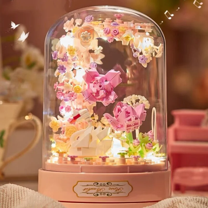 Creative Swan Eternal Flower Music Box Building Blocks Toys with Light Bonsai Blocks Toys for Girls Christmas Gift Kids Toys