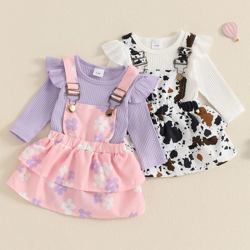 

0 to 18 Months Baby Girls 2Pcs Skirt Sets Spring Autumn Clothes Long Sleeve Ribbed Bodysuit + Suspender Skirt Set Newborn