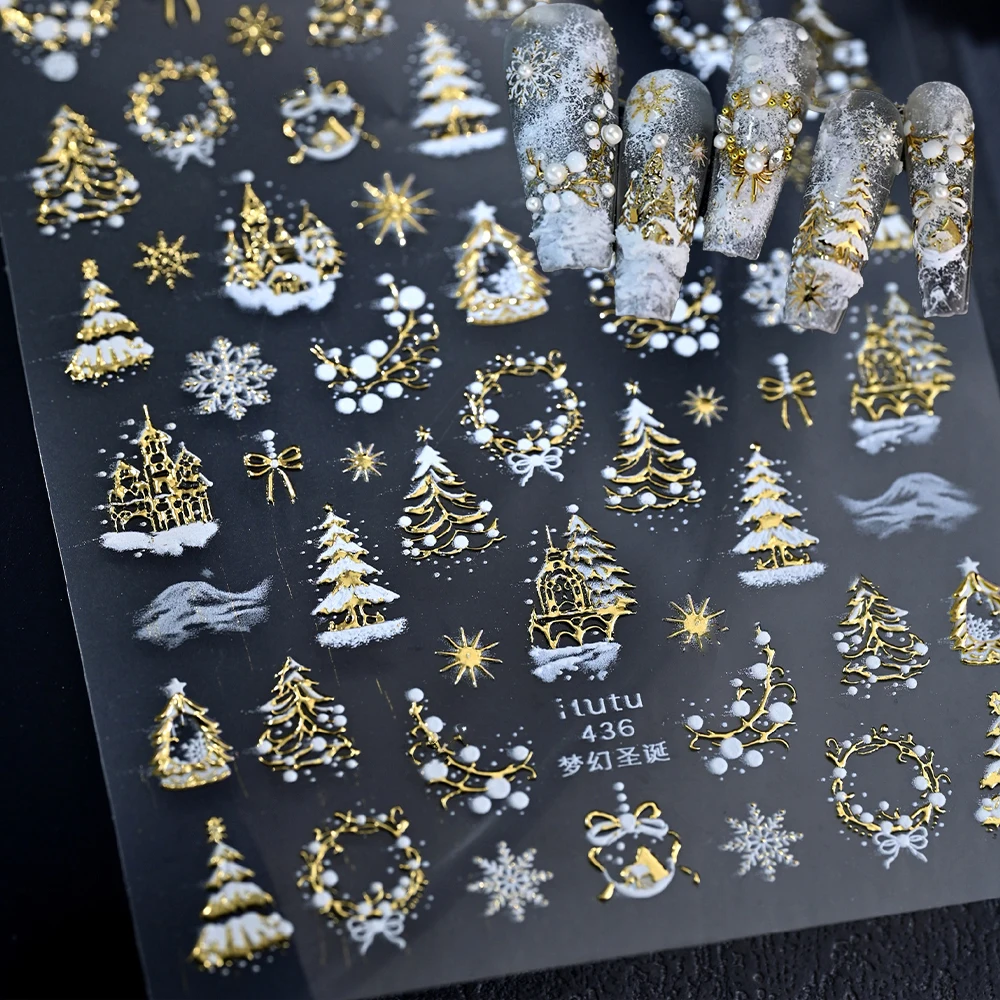 

1Pcs 5D Dazzling Christmas Nail Art Sticker Gold/Pink/Blue/Purple Christmas Tree Snow Wreath Nail Decals Charming Xmas Nail Deco