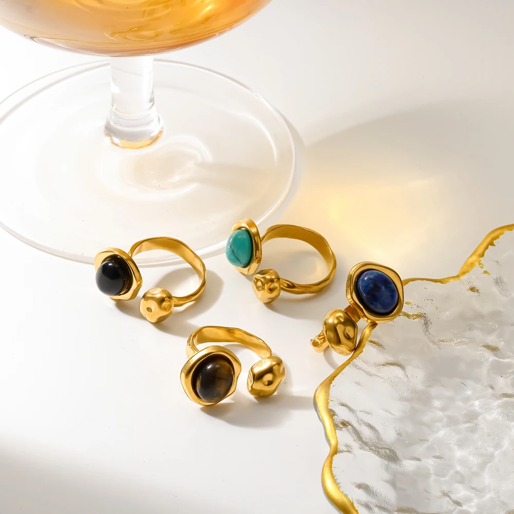 Natürlicher Stein Offener Ring für Frauen 18K Vergoldeter Edelstahl Metallschmuck Exquisites Modeaccessoire – Detail 3