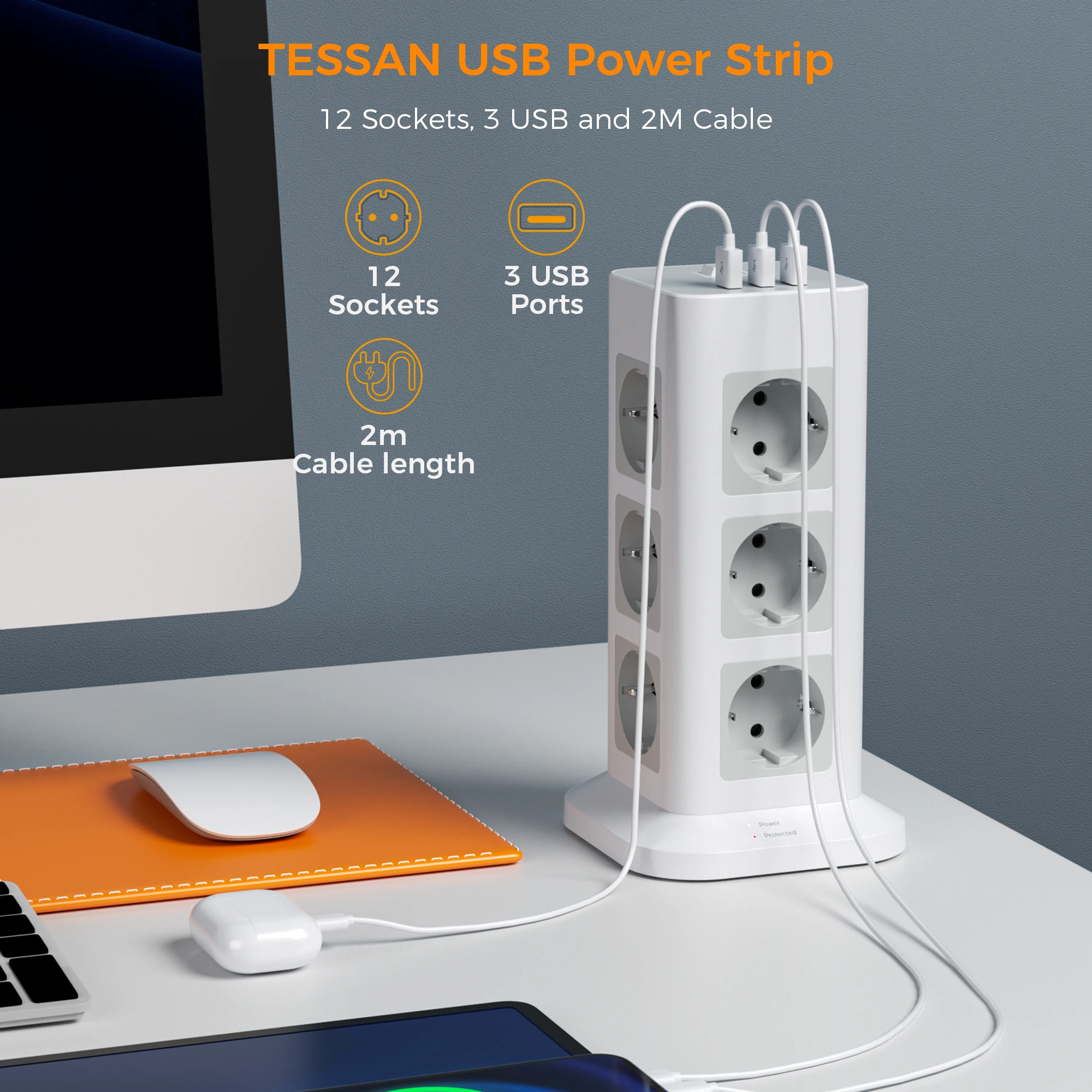 TESSAN Vertical Power Strip Tower Multi Outlets with USB 2M Extension Cable EU KR Plug Electric Socket Surge Protection for Home