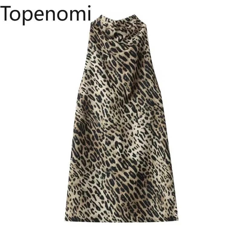 Topenomi Sexy Backless Leopard Print Party Dress Women French Fashion Stand Collar Sleeveless Slim A Line Evening Dresses 2025