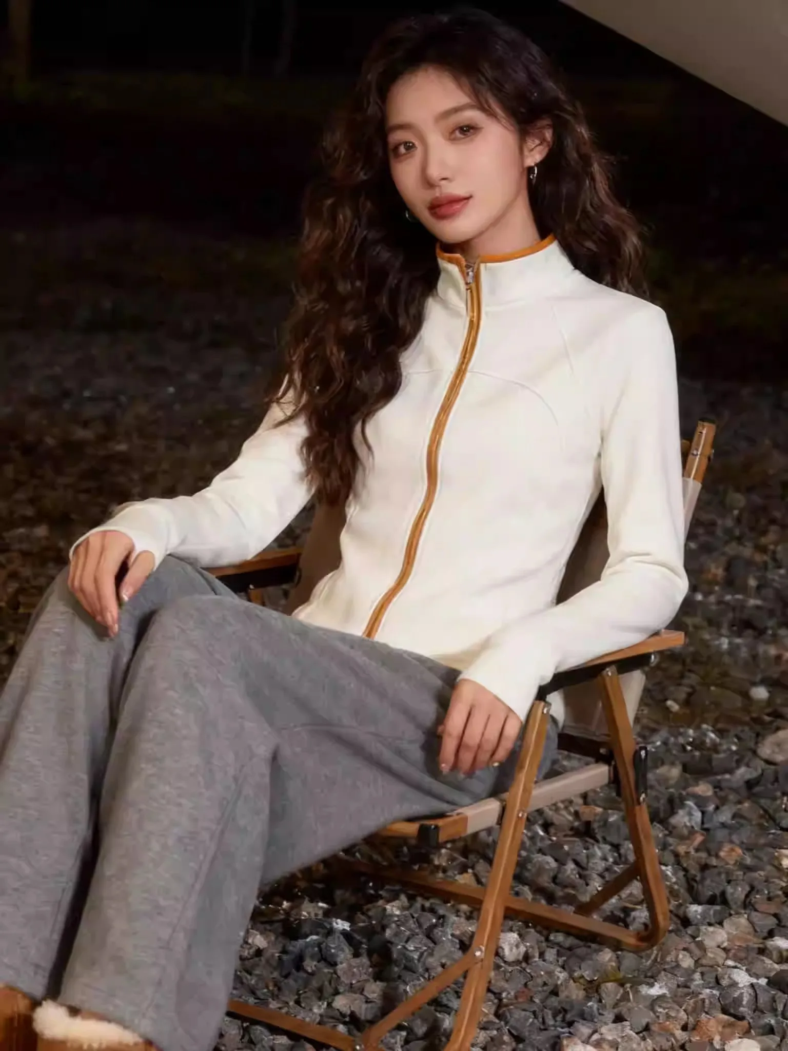 

Spring Summer Commute Style White Zipper Thin Yoga Jacket Women Slimming Versatile Simple Large Size Long Sleeve Top