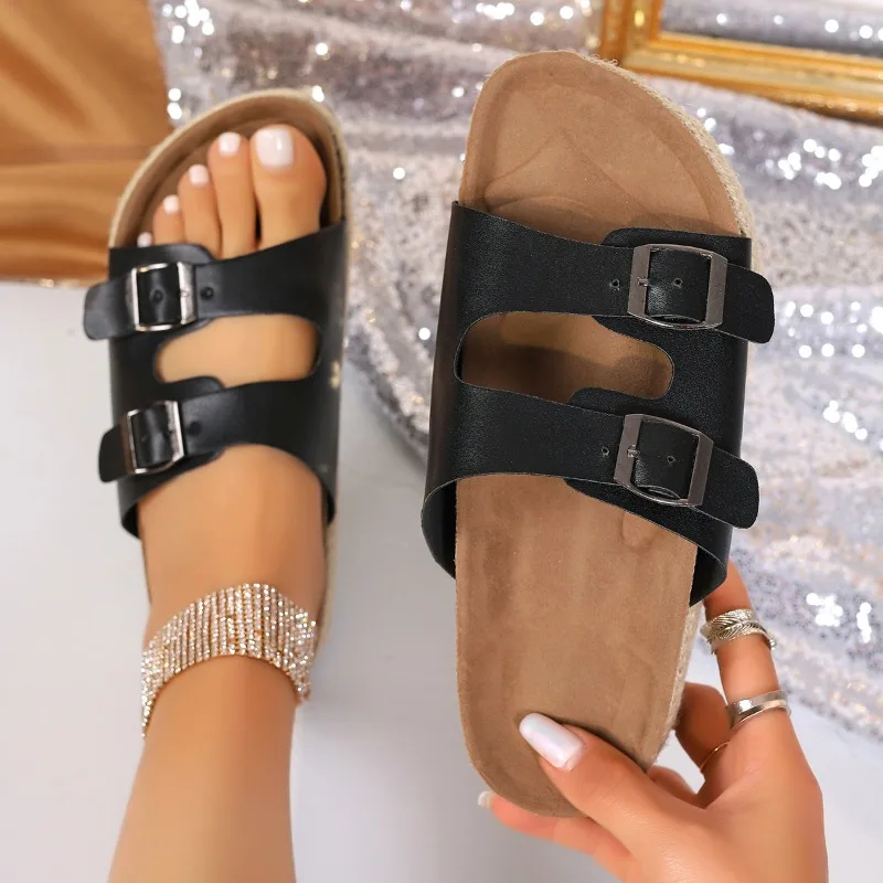 2024 Shoes Female Open Toe Women's Slippers Outdoor Casual Slippers Women Buckle Round Toe Plus Size Flat with Women's Sandals