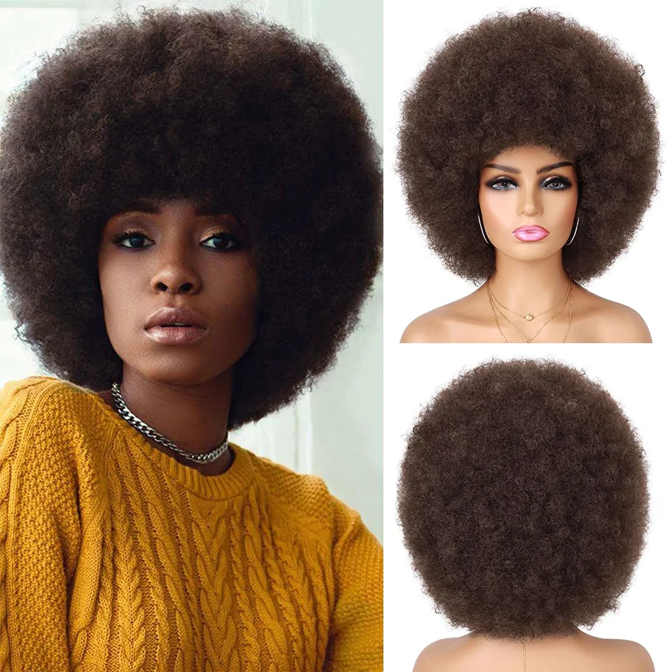 

Brown Afro Kinky Wigs For Black Women Human Hair Short Kinky Curly Fluff And Bouncy Wig For Costume Cosplay Party Wig Use