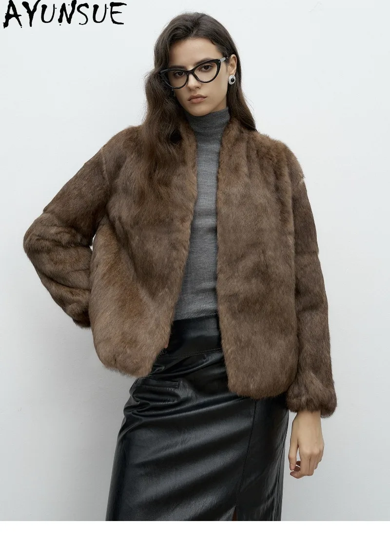 AYUNSUE Natural Rabbit Fur Coat Warm Women Winter Jacket Short Length Small V Neck Clothing Loose Fit Fashion 2026 Дубленка