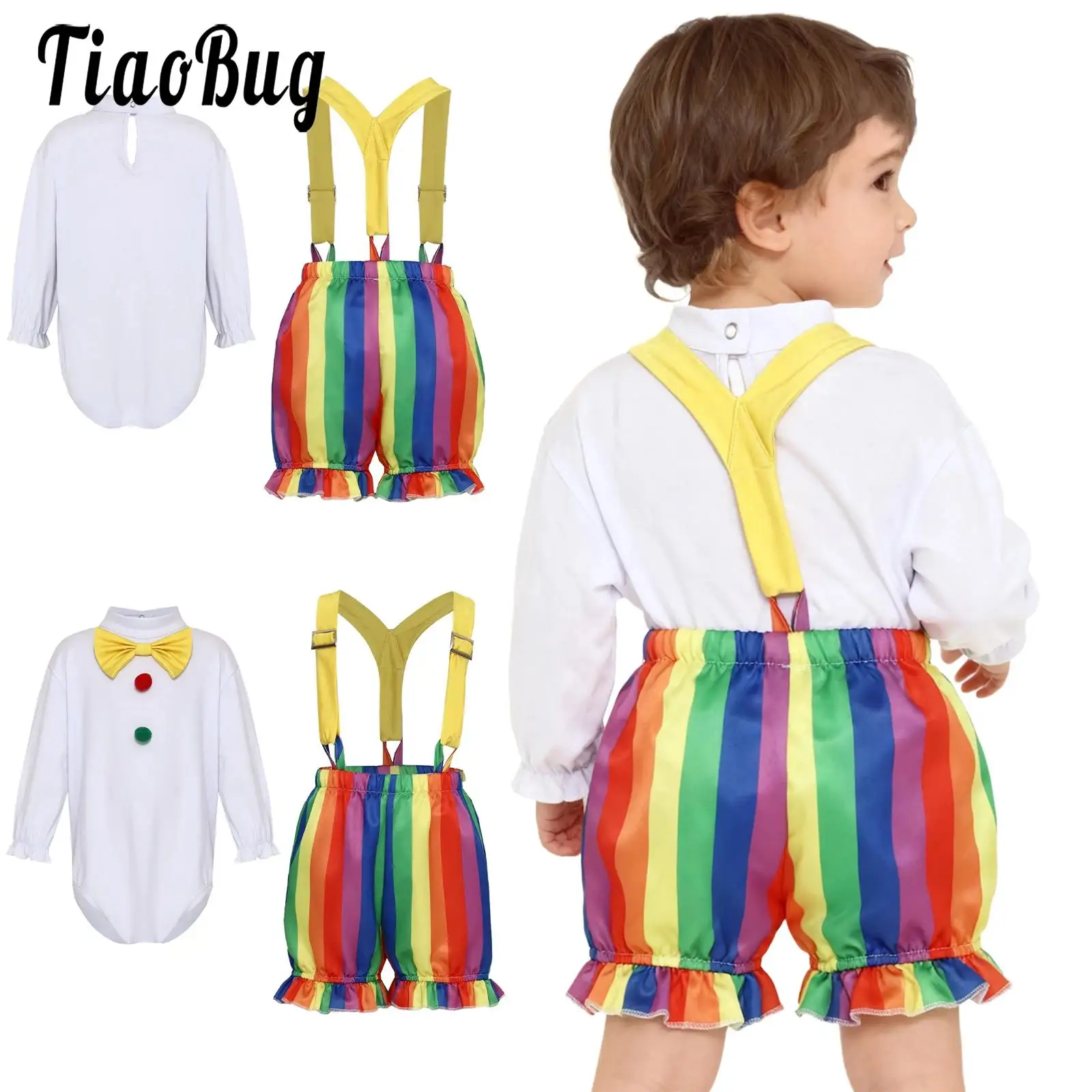 

Baby Boys Girls Long Sleeve Bow Tie Circus Clown Rompers with Joker Suspenders Shorts Dress-up for Halloween Carnival Birthday