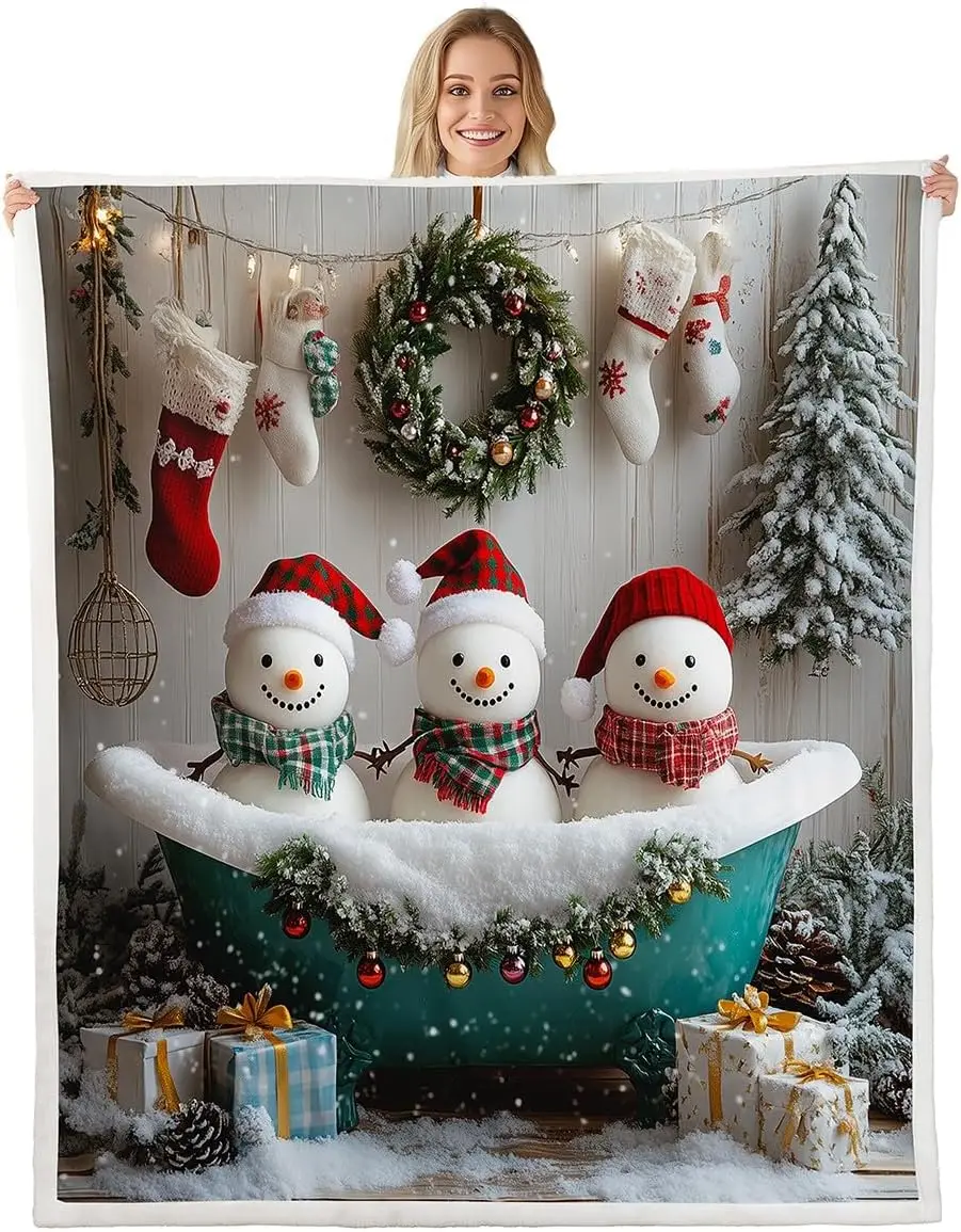 

Merry Christmas Sherpa Blanket, Kawaii Snowman Fleece Blanket for Kids Boys Girls, Xmas Holiday Decoration Throw Blanket Winter