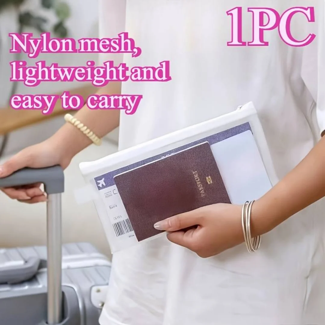 1PC White Mesh Zipper Pouch, Portable Travel Document Holder for Passport, ID & Boarding Pass