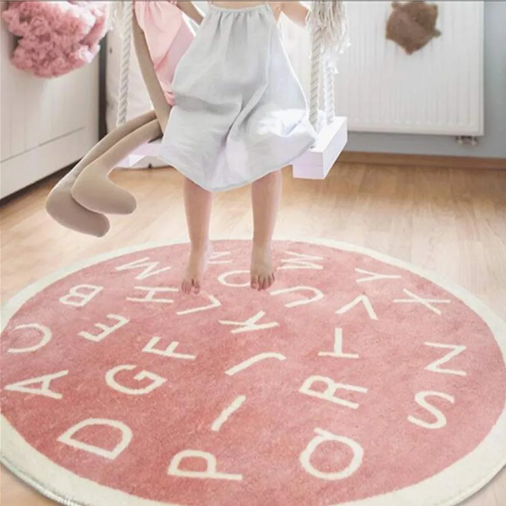 Nordic Cartoon Round Carpet Pink Yellow Letter Printed Thickened Anti-fall Mat Bedroom Bedside Rug Children Game Crawling Mat