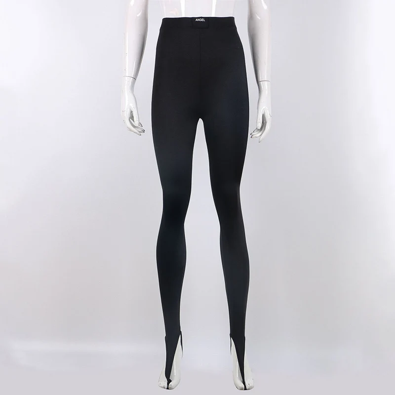 Damen High-Waist Steigbügel-Leggings, glänzend, dehnbar, eng anliegend, einfarbig schwarz, lange Hose – Detail 12