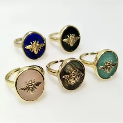 Hot 1Pcs Natural Stone Bee Ring, Golden Plated Oval Rose Quartz&Amazonite Adjustable Ring, Ideal Valentine's Day Gift RG103