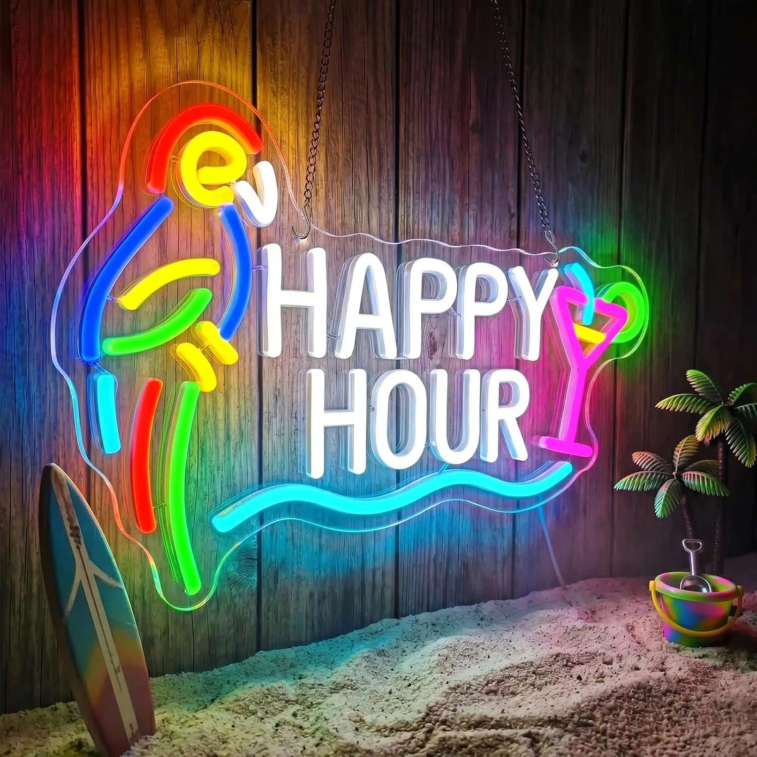 Happy Hour Parrot Cocktail LED Neon Sign USB Neon Light Wall Hanging Lamp for Tiki Bar Gaming Room Bedroom Decor Christmas Gift