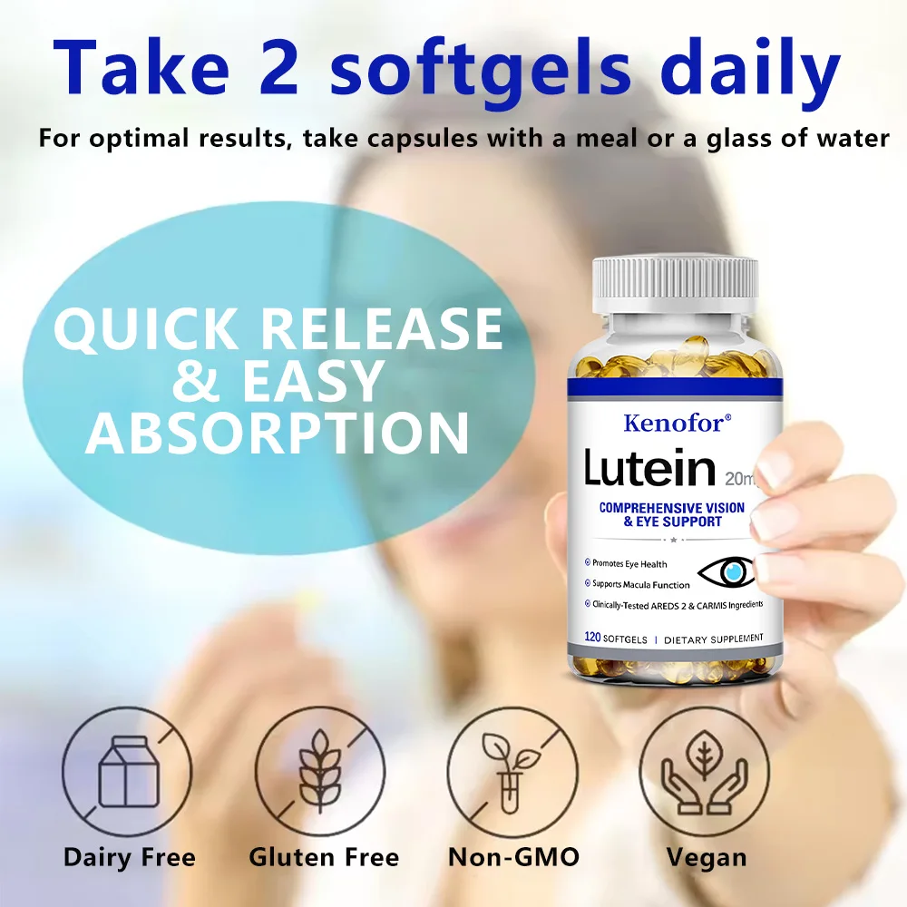 كبسولات لوتين 20 ملغ، فيتامين صحة العين، يعزز صحة العين، غير معدلة وراثيًا، مكمل خالٍ من الغلوتين