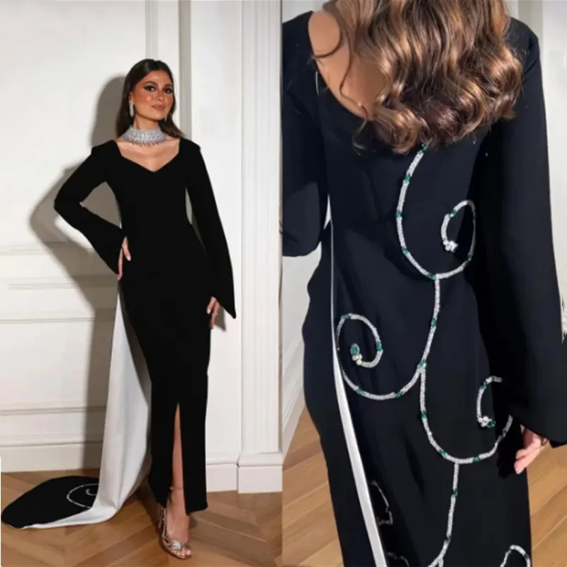 Aleeshuo Muslim V neck Black Straight Evening Dresse Glitter Beadings Crystal Long Sleeves Evening Gowns Robe soirée Side Slit